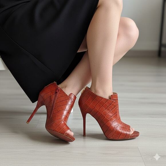 Escada Croc Embossed Leather Ankle Booties Rust Brown Italy Back Zip EU 40 - Picture 14 of 14